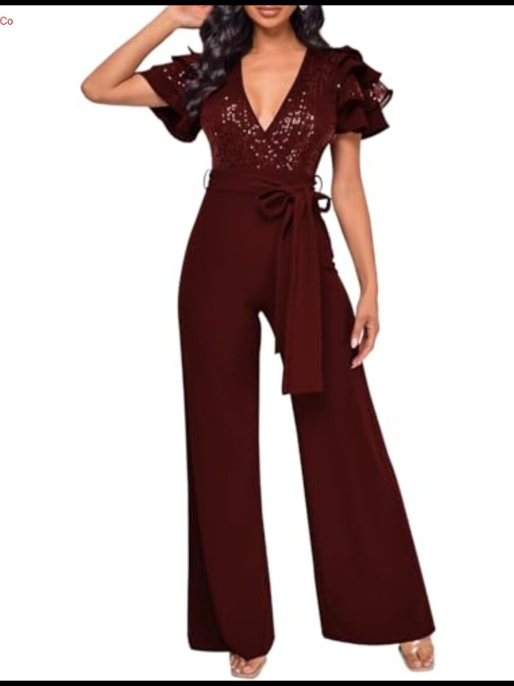 Sequin Wide Leg Jumpsuit Short Sleeve V Neck Ruffled Cocktail Party